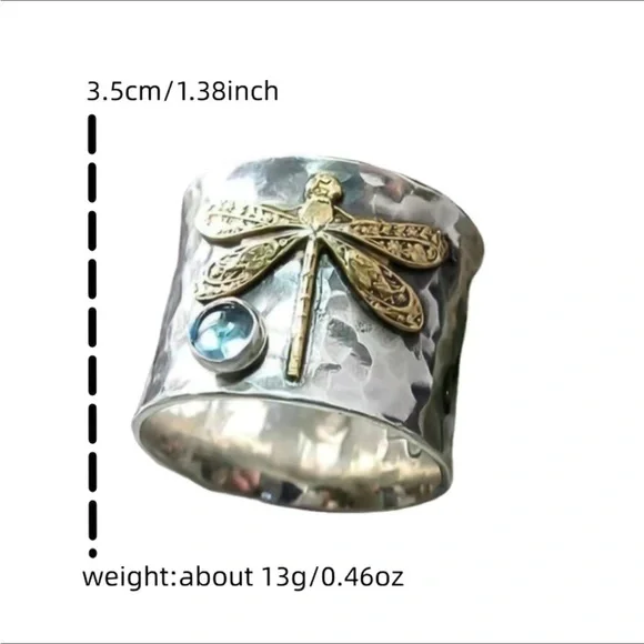 Dragonfly Ring Thumb Ring Silver Tone Hammered Look Unisex - Picture 3 of 13